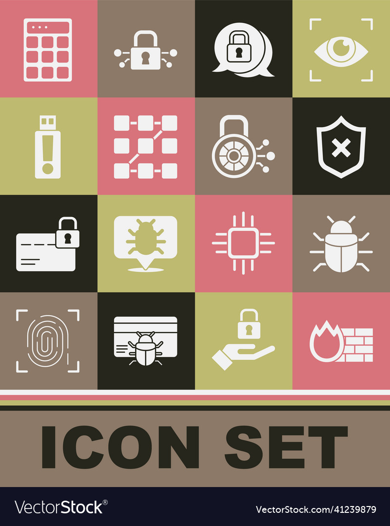 Set firewall security wall system bug shield vector image Set firewall security wall system bug shield