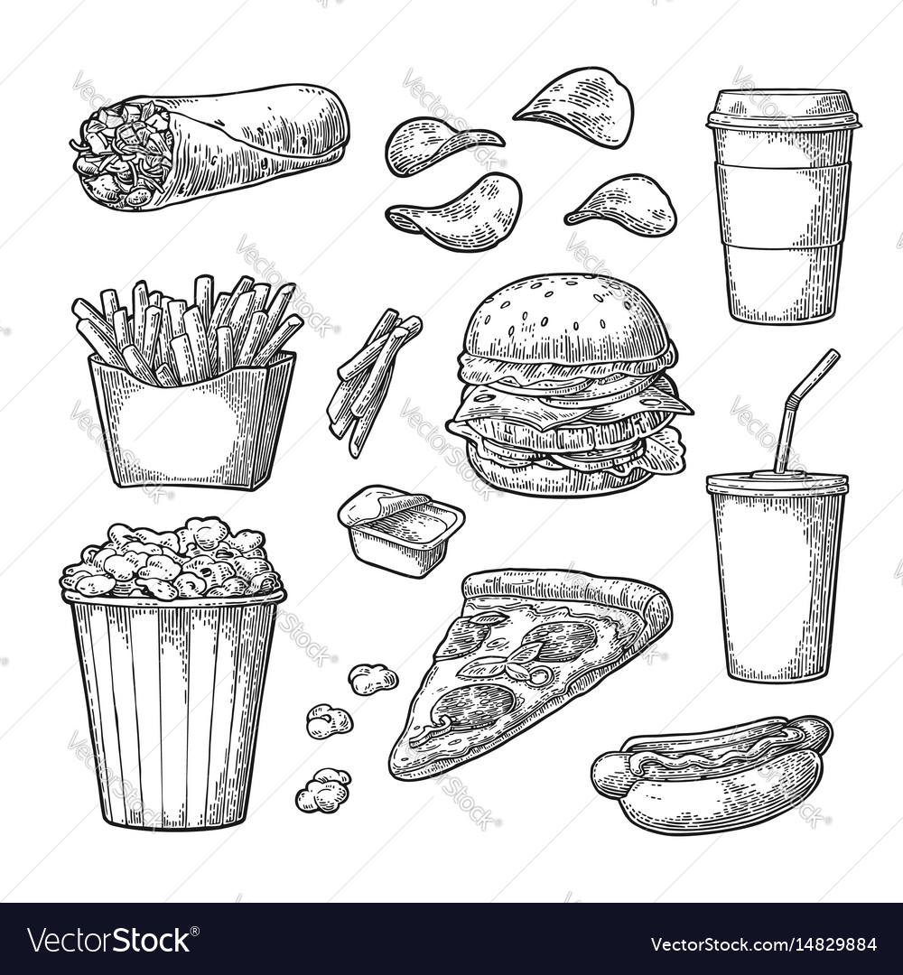 Set fast food coffee hamburger pizza hotdog Vector Image