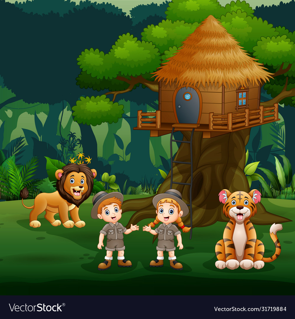 Zookeeper Kinder spielen mit Tieren unter Baum vector image Zookeeper Kinder spielen mit Tieren unter Baum