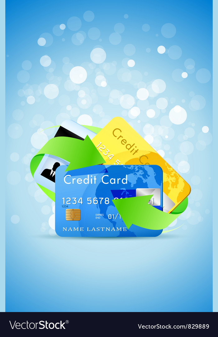 Blue background with credit cards and green arrows