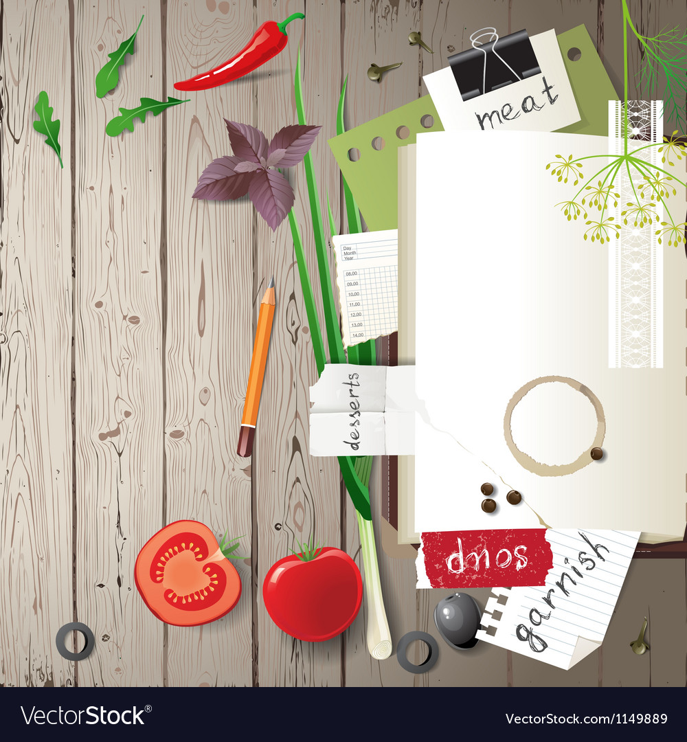 Cookbook on wooden background Royalty Free Vector Image