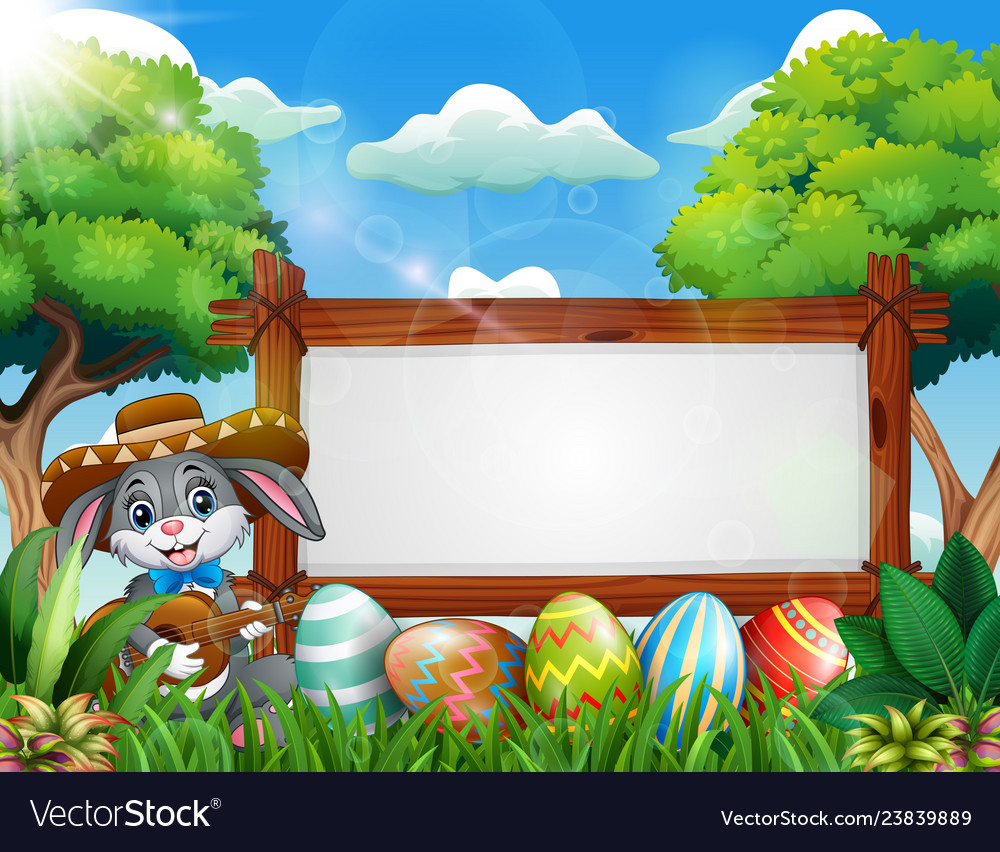 Easter bunny playing guitar near blank sign and ea