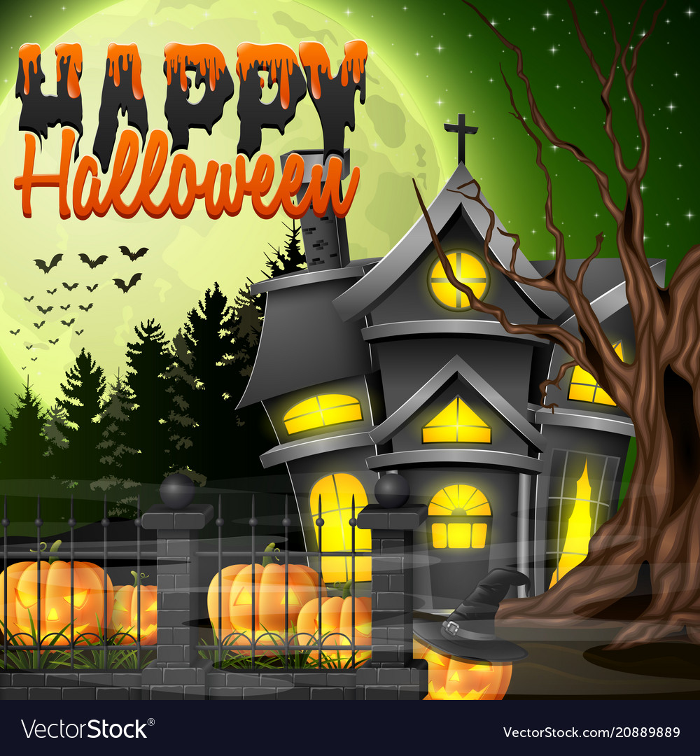 halloween night with church and scary pumpkins vector image