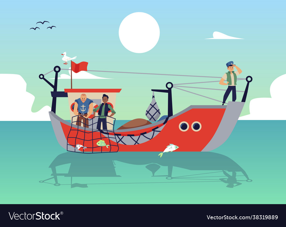 Sea background with fishers on ship or boat flat