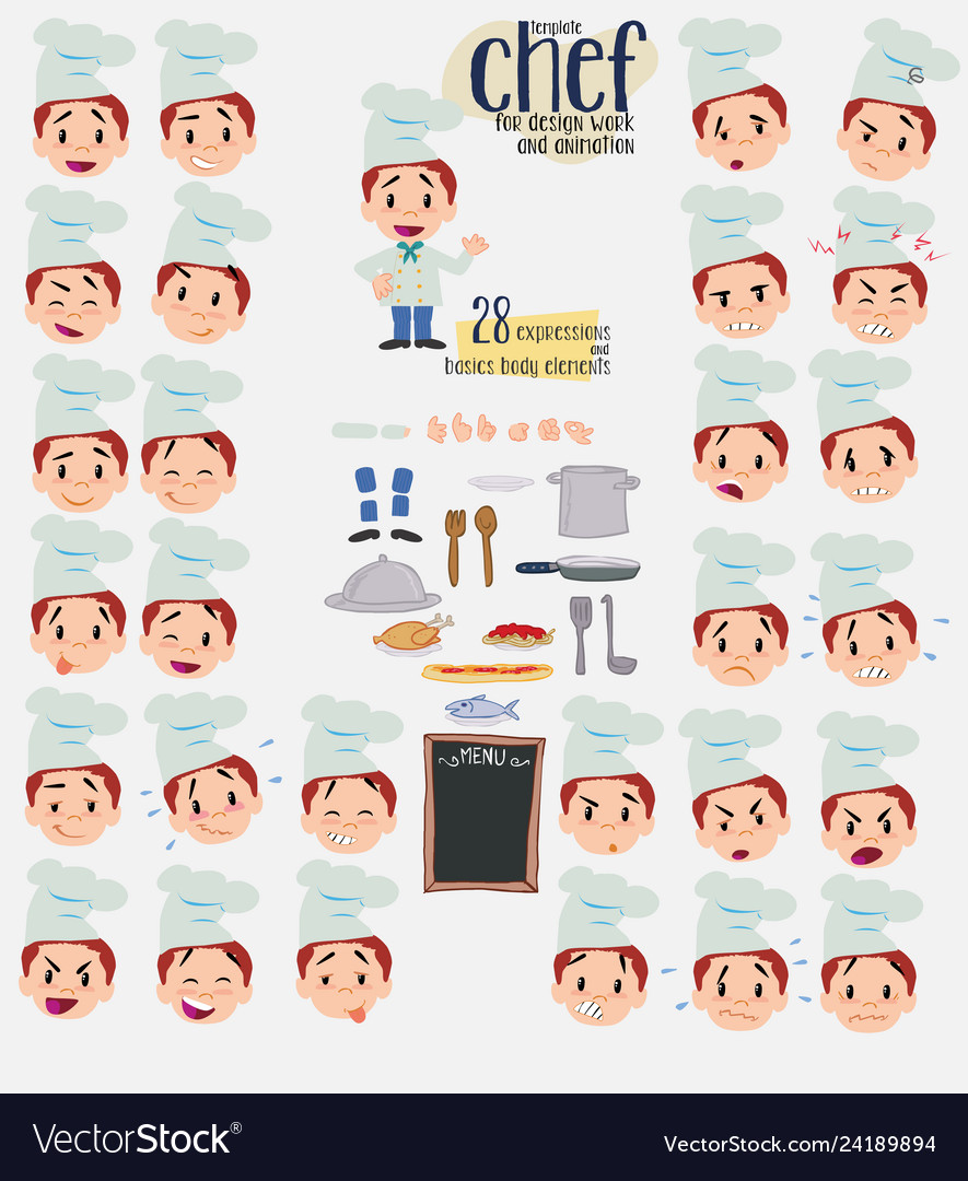 Chef twenty eight expressions and basics body vector image Chef twenty eight expressions and basics body