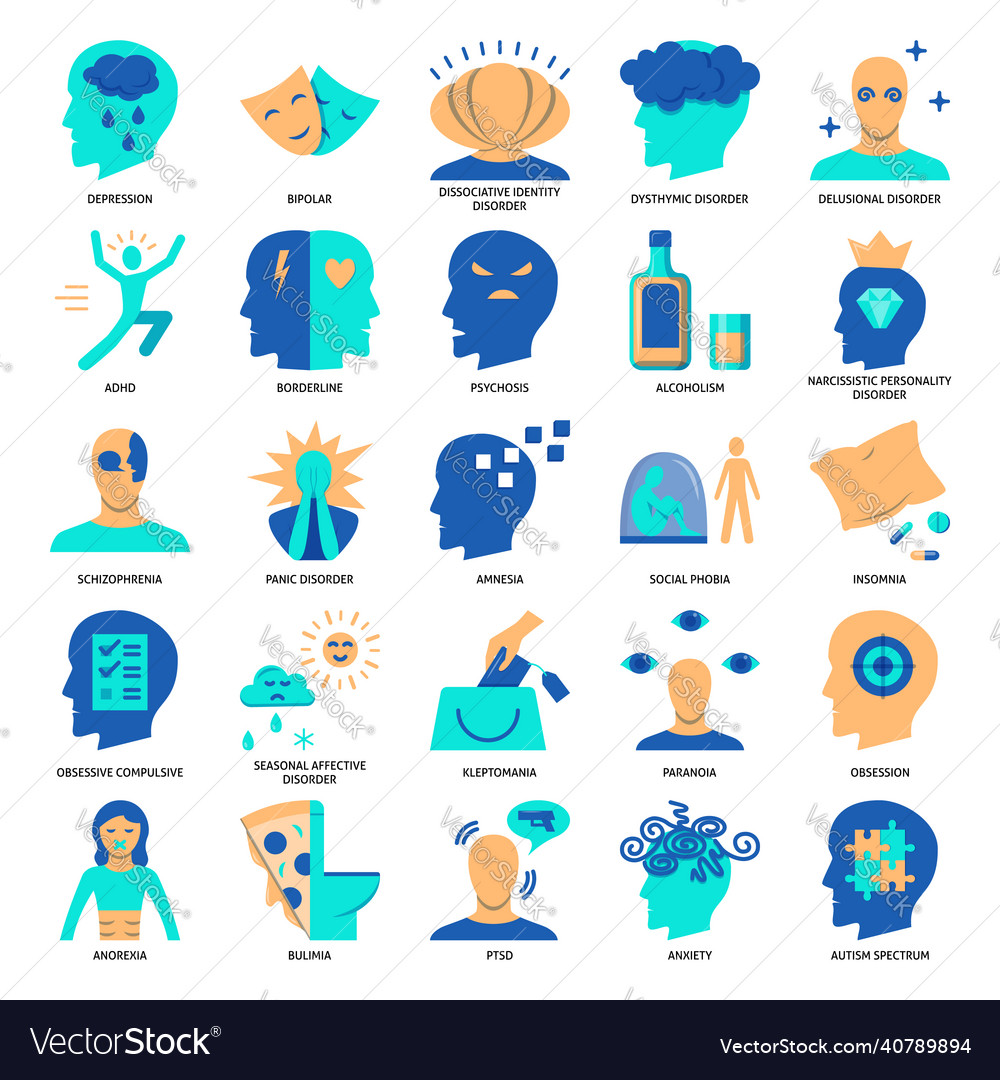 Mental disorders icon set in flat style Royalty Free Vector