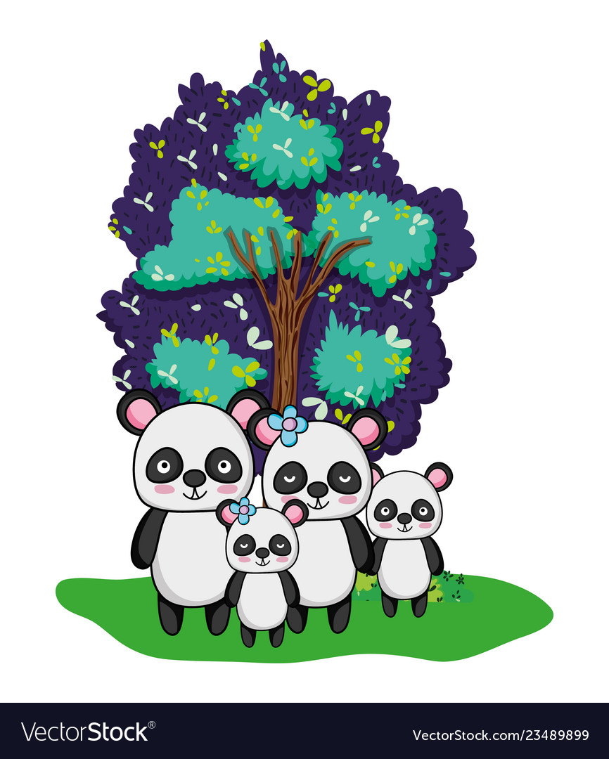 Adorable panda family animals and tree