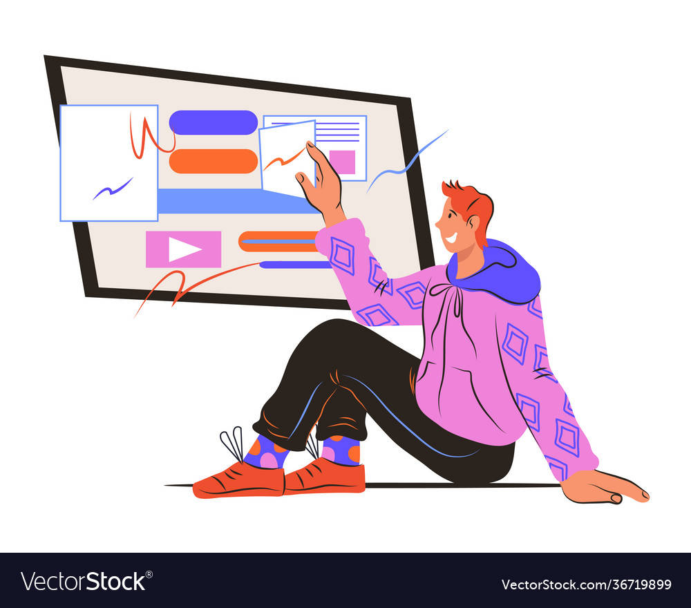 User interacts with computer interface cartoon Vector Image
