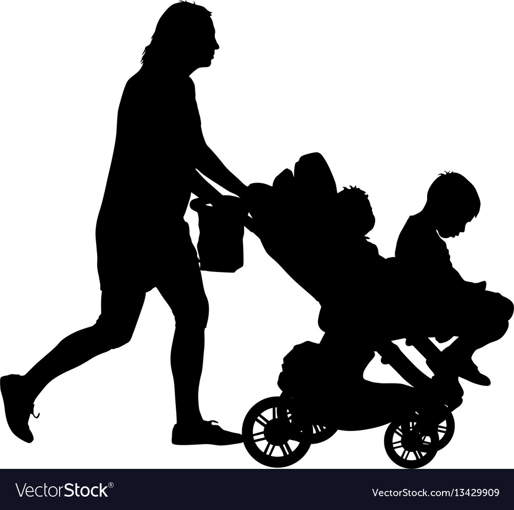 Schwarze Silhouetten Familie mit Pram auf weiß