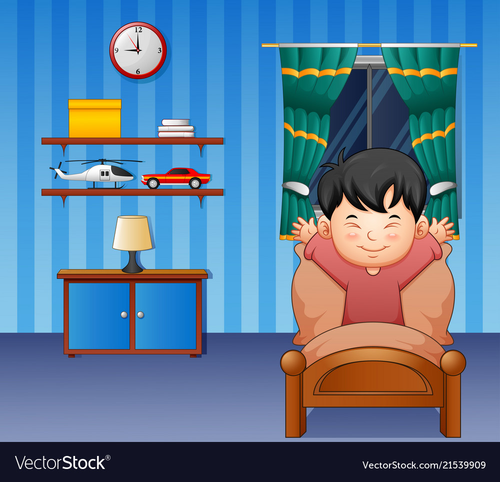 Cartoon Little Boy Waking Up In A Bed Royalty Free Vector