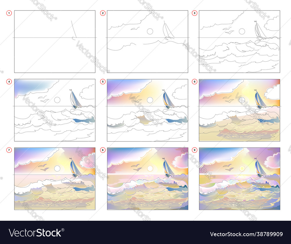 How to learn draw sketch seascape with sea vector image How to learn draw sketch seascape with sea