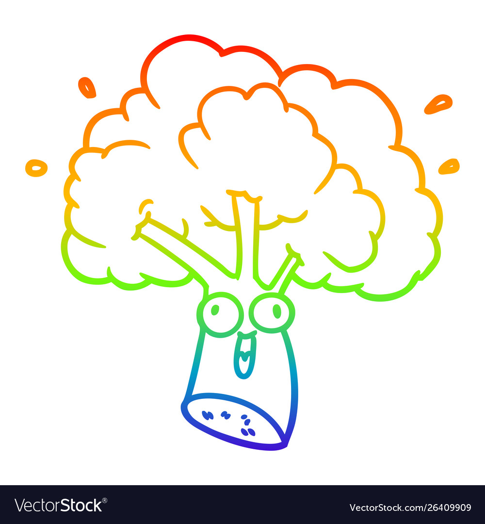 Rainbow gradient line drawing cartoon broccoli