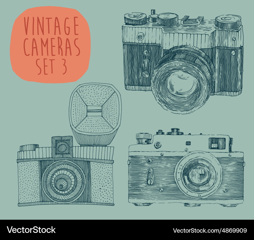 Set of Vintage Retro Old Camera Hand Drawn Vector Image