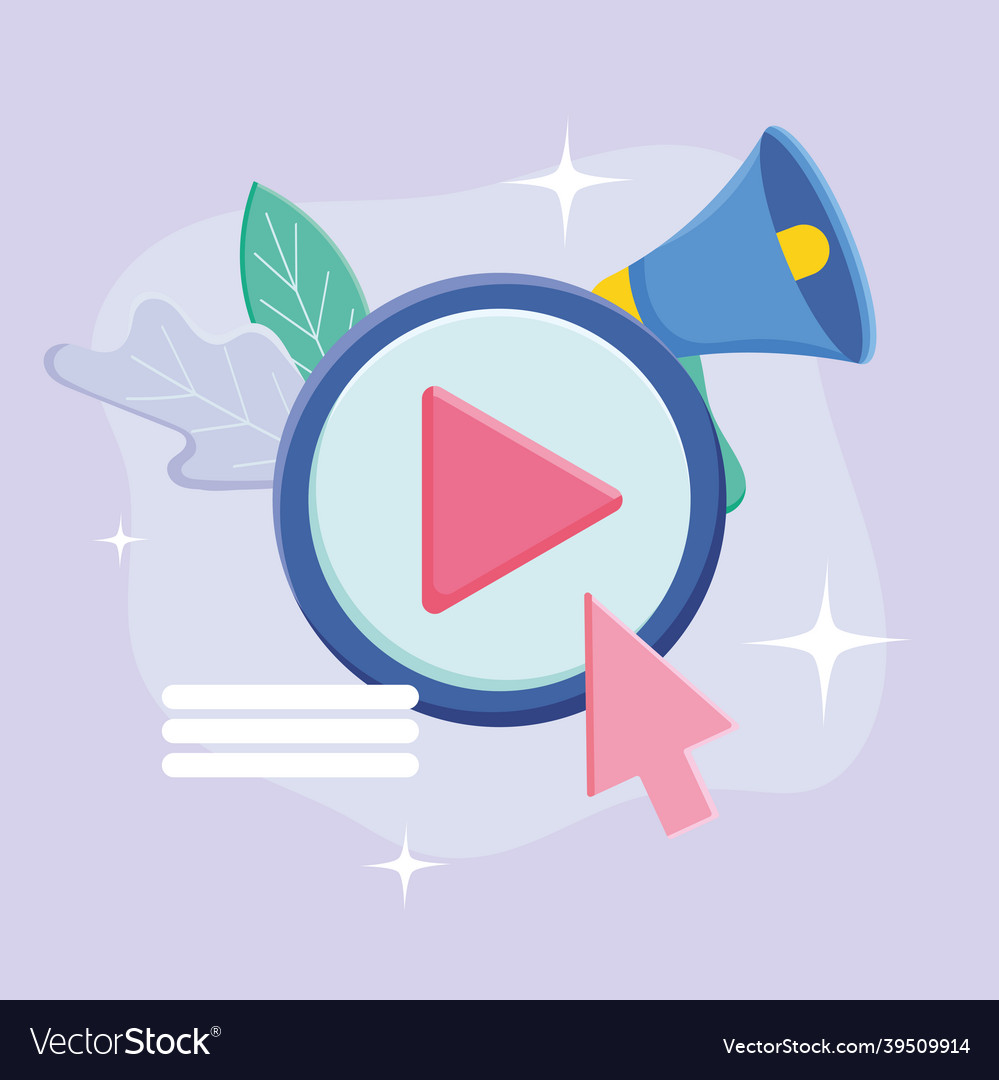 Play button with cursor and megaphone
