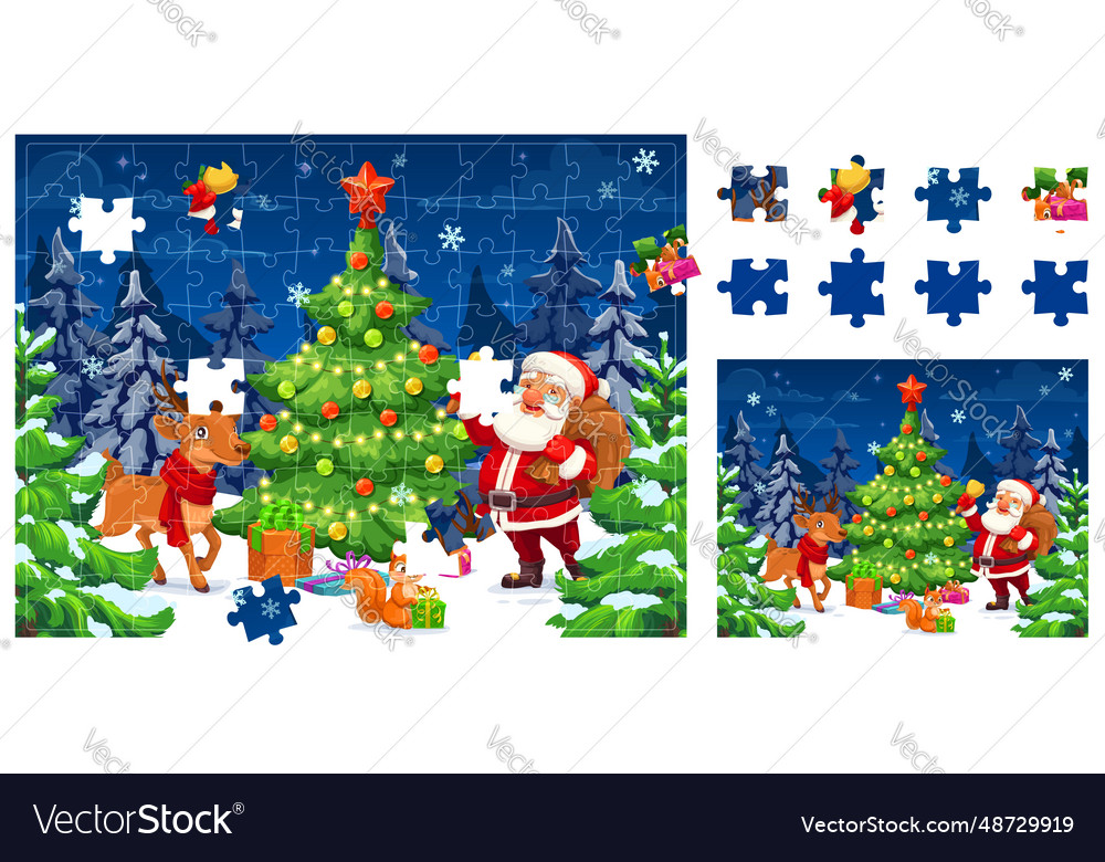 Christmas Jigsaw Puzzle Game Pieces Santa Gifts Vector Image