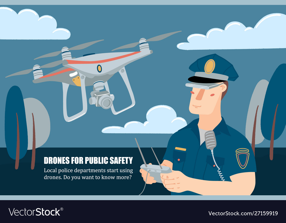 Policeman operating drone with remote controller vector image Policeman operating drone with remote controller