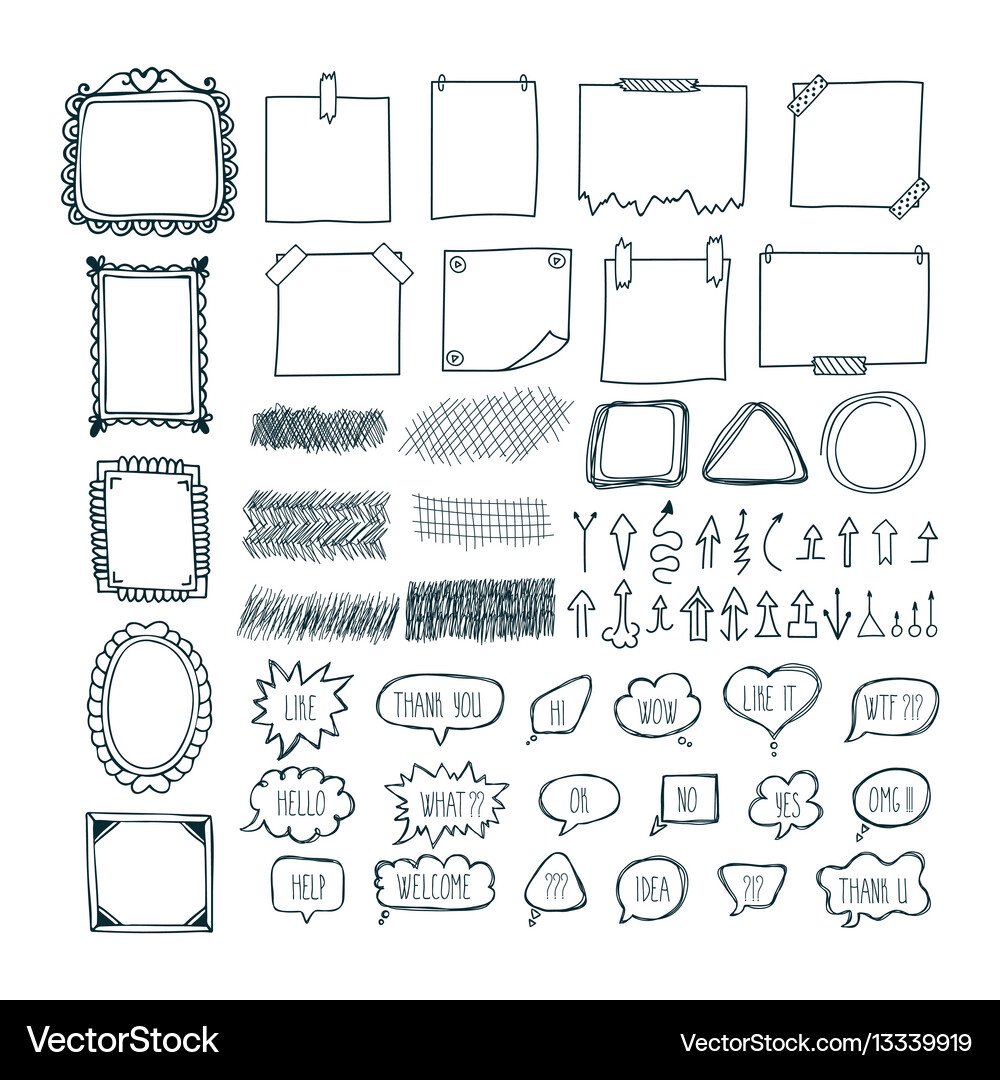 Set hand drawn arrows speech bubbles frames Vector Image