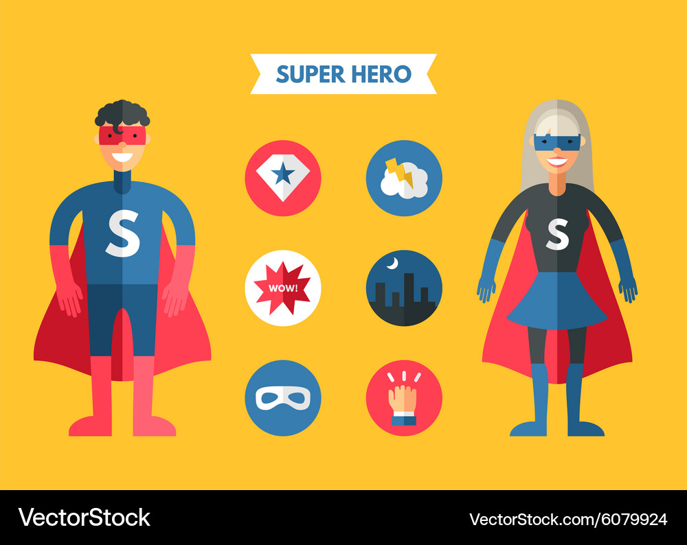 Flat design of super hero with icon set Royalty Free Vector