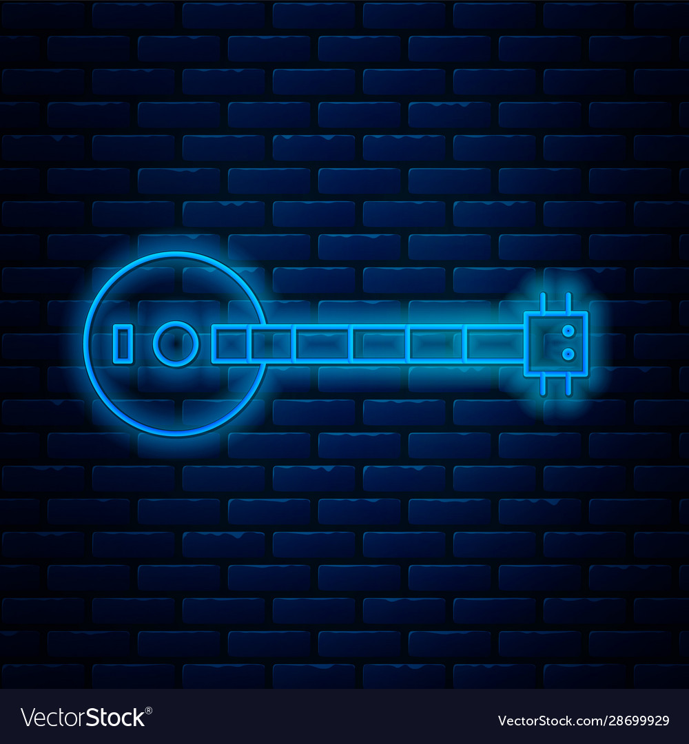 Glowing neon line banjo icon isolated on brick