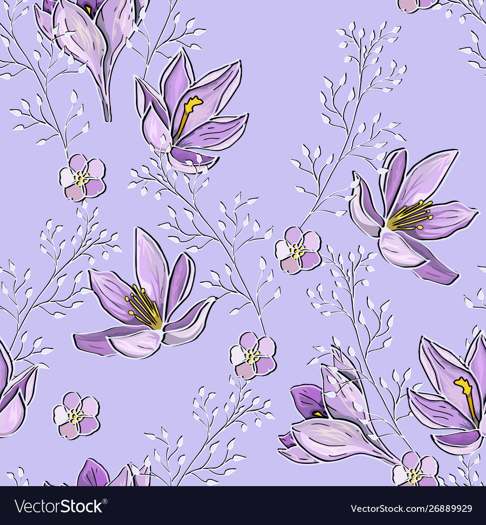 Lilac mauve seamless pattern with crocuses