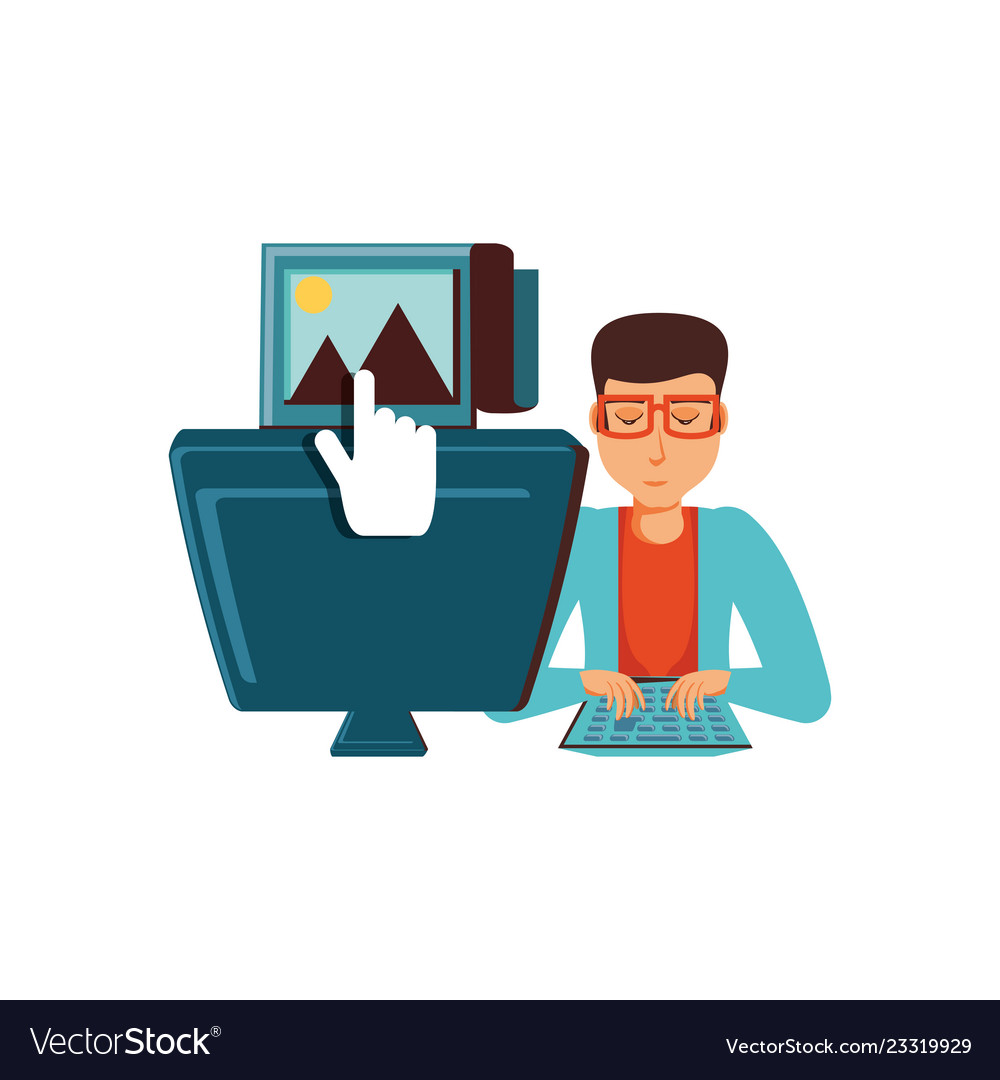 Man sending picture with desktop computer