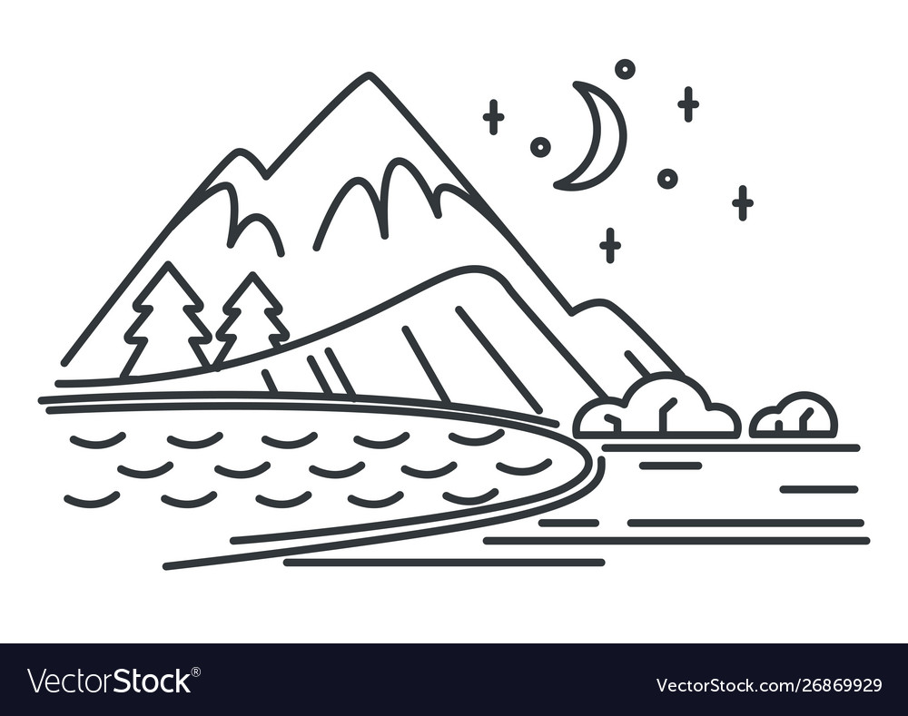 Mountains and river or lake night outline Vector Image