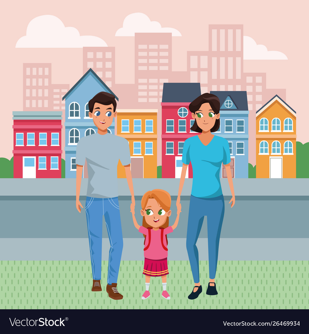 Family young parents with children cartoon