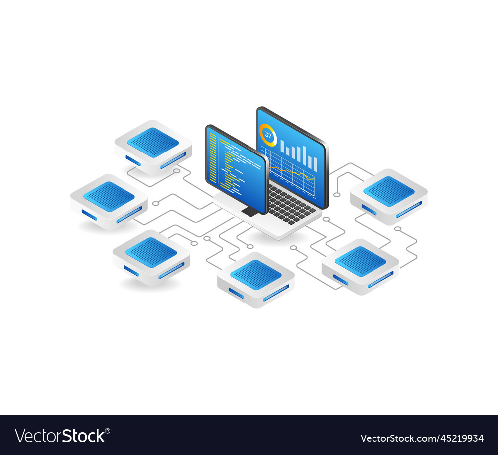 Flat isometric 3d server chip network security vector image Flat isometric 3d server chip network security