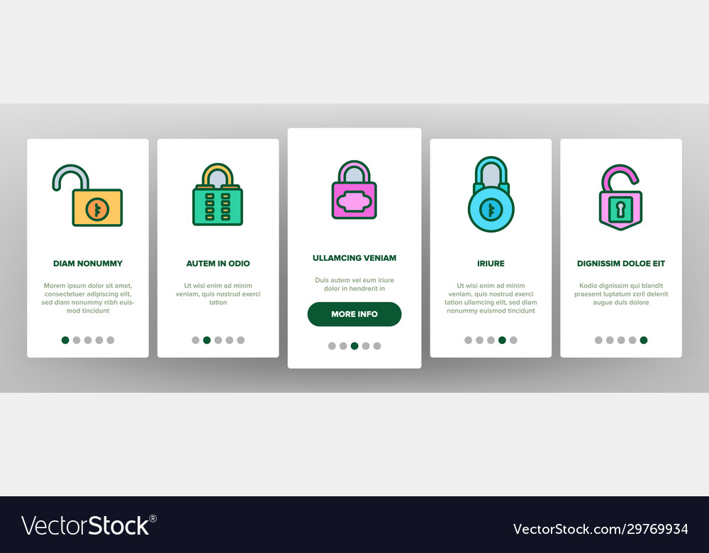 Padlock security tool onboarding icons set vector image Padlock security tool onboarding icons set