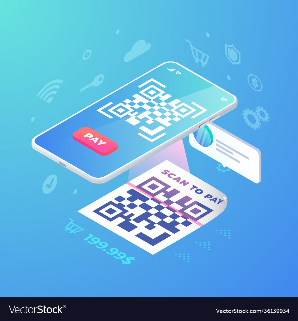 Scan qr code on smartphone screen 3d scanning vector image Scan qr code on smartphone screen 3d scanning