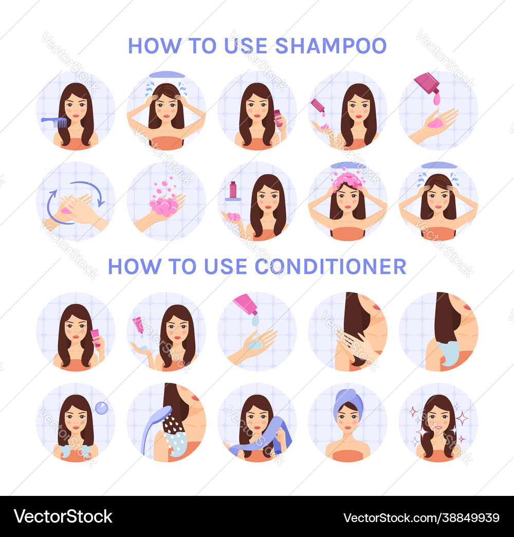 hair-care-guide-shampoo-conditioner-steps-vector-image