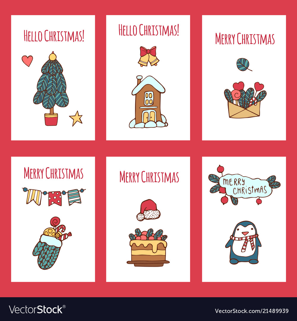 Merry christmas greeting card set with cute xmas