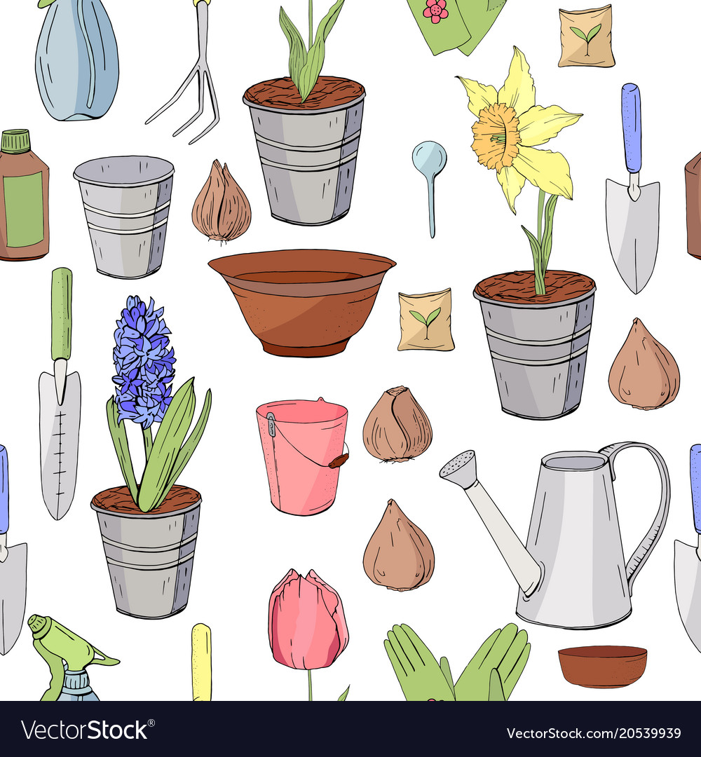 Seamless pattern with different objects and tools