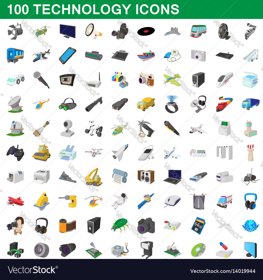 100 technology set cartoon style Royalty Free Vector Image