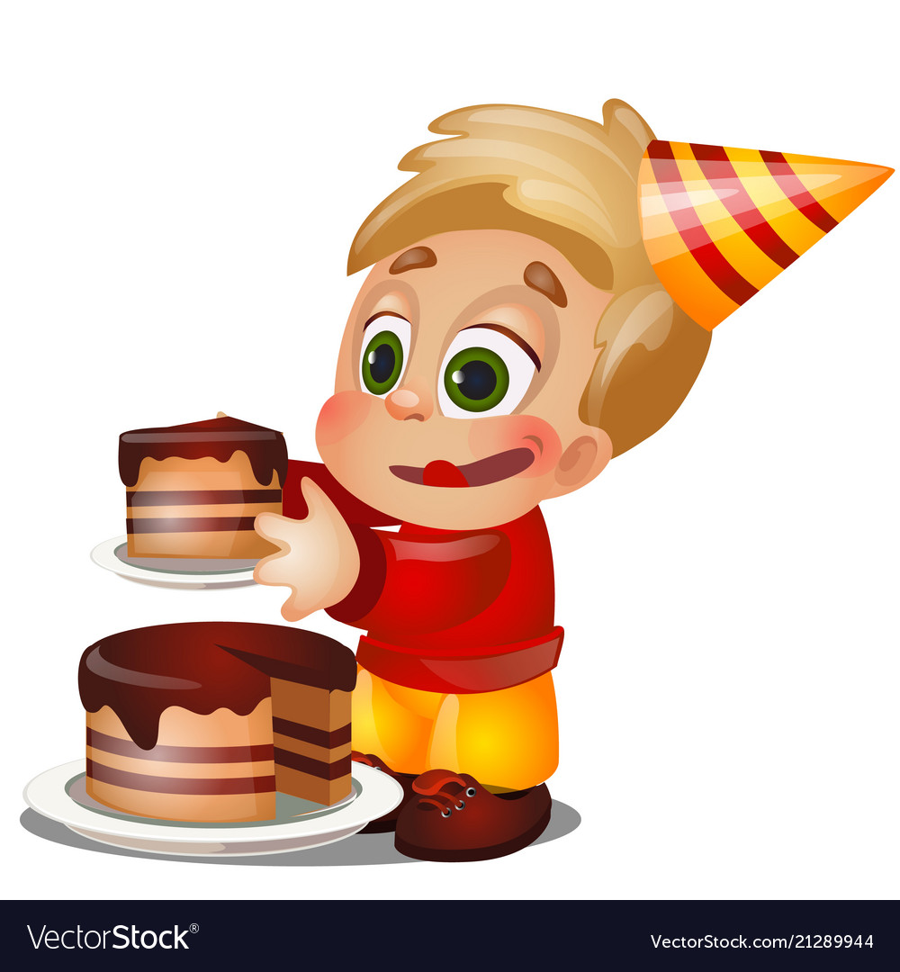 A little happy animated boy eating a piece of cake