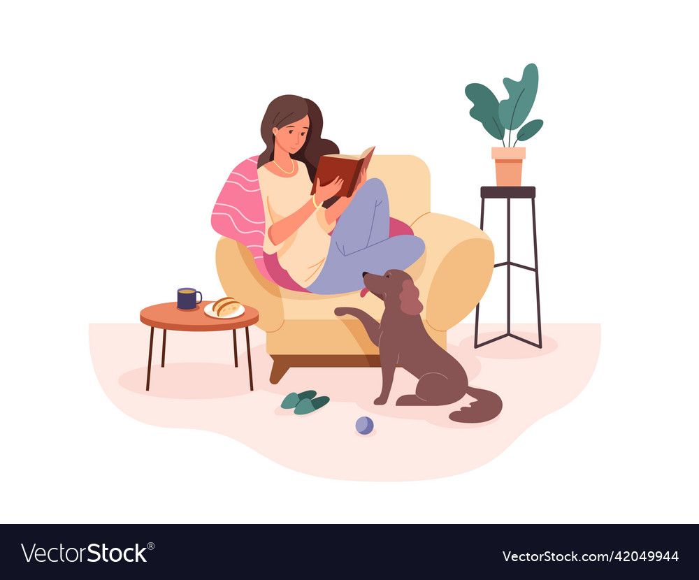 Woman with book in armchair rest in cozy sofa Vector Image