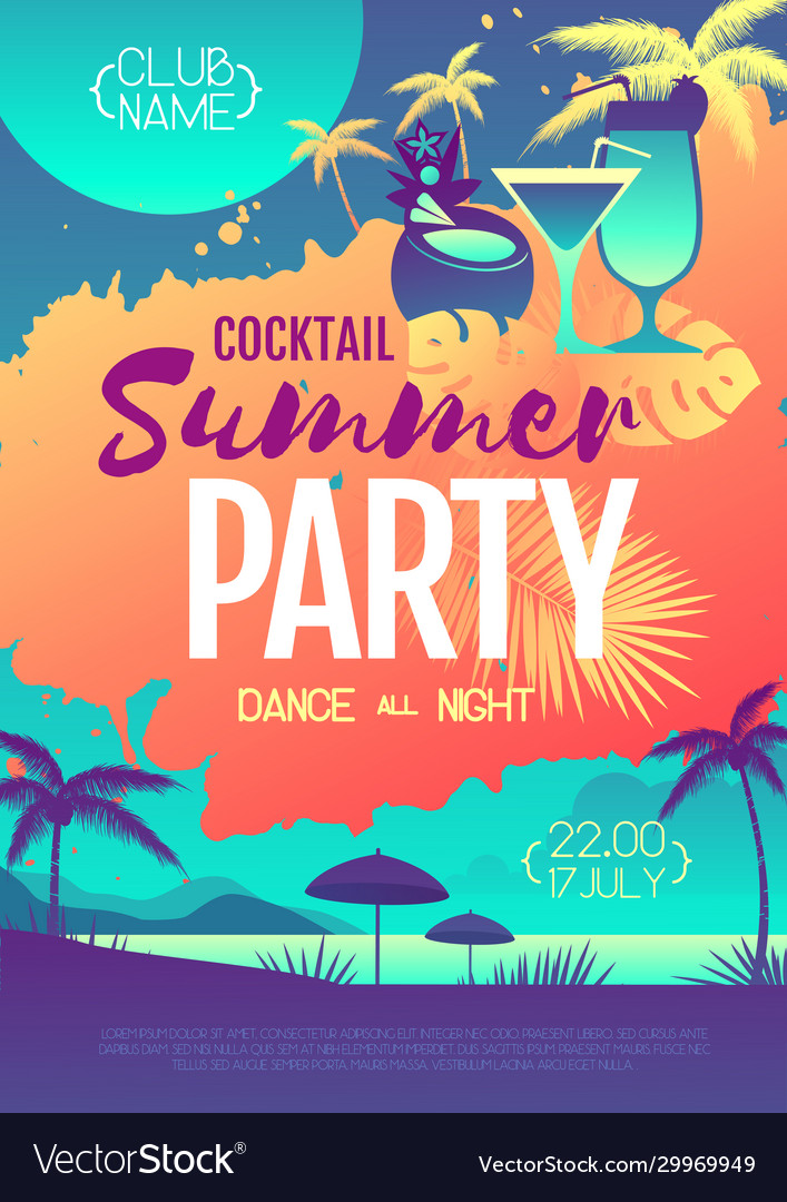 Colorful summer cocktail disco party poster Vector Image