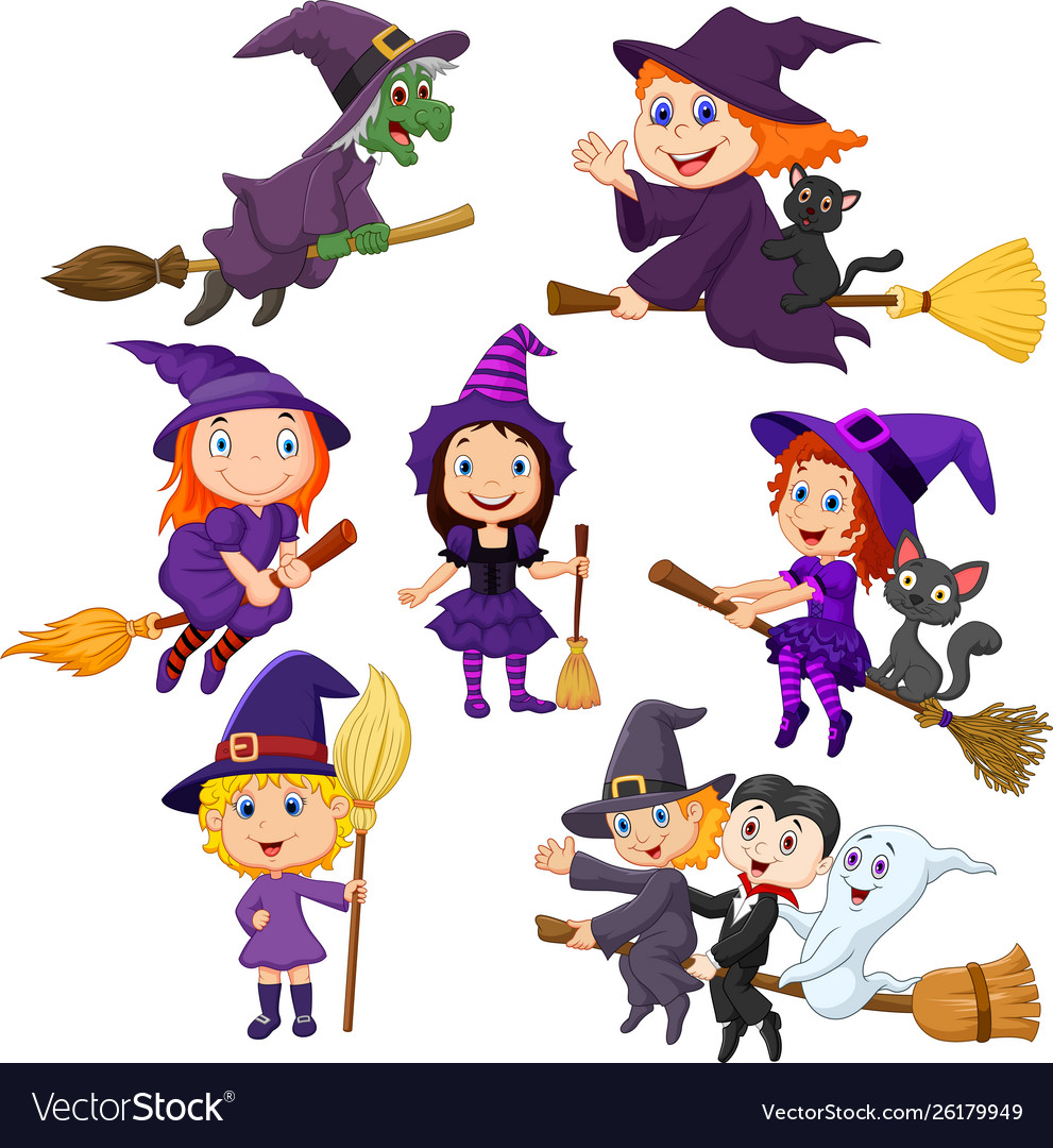 Halloween young witches collection set Royalty Free Vector