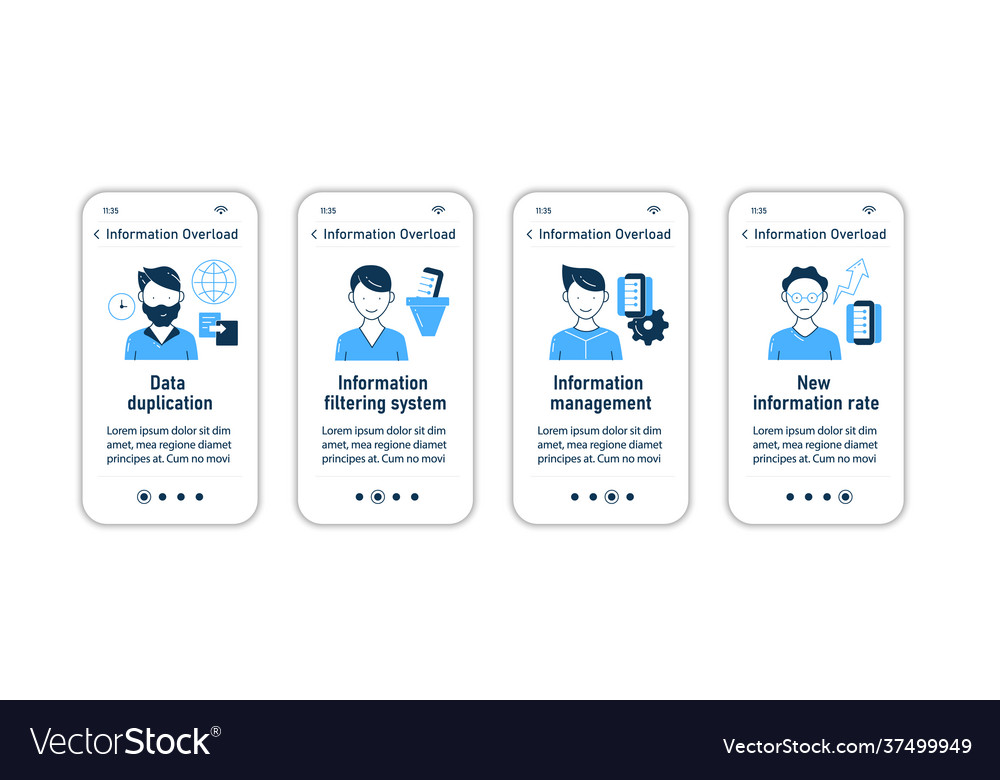 Information overload onboarding mobile app screens vector image Information overload onboarding mobile app screens