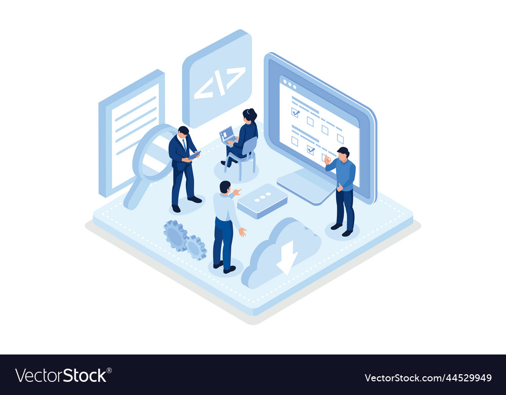People characters developing software and sending