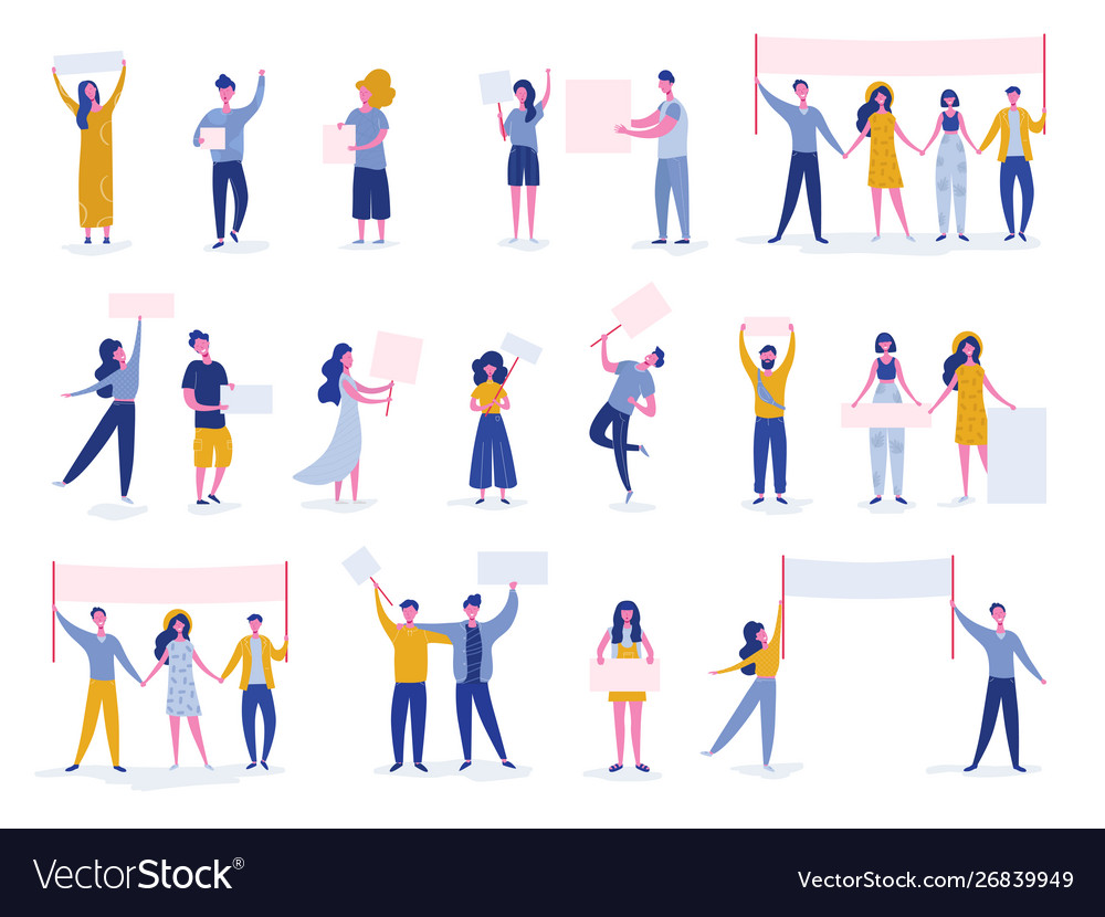 Protesting people holding banners and placards Vector Image