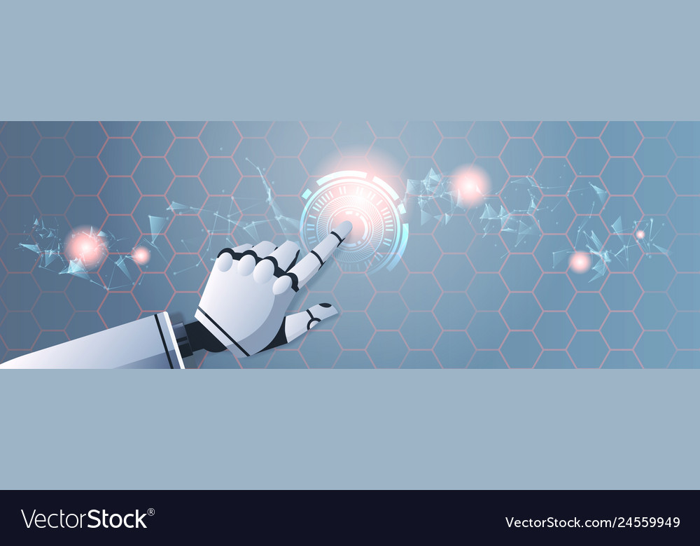 Robot hand touching abstract virtual user vector image Robot hand touching abstract virtual user
