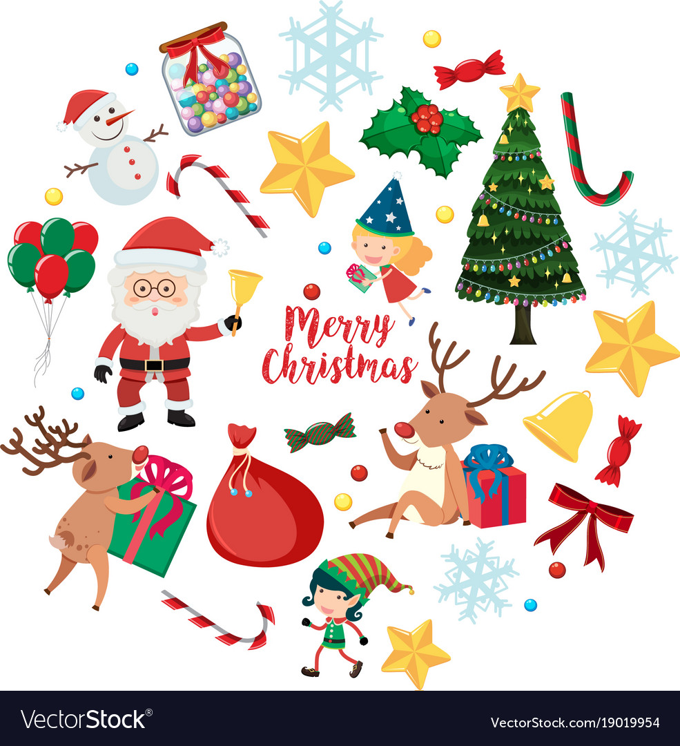 Christmas characters and ornaments on white