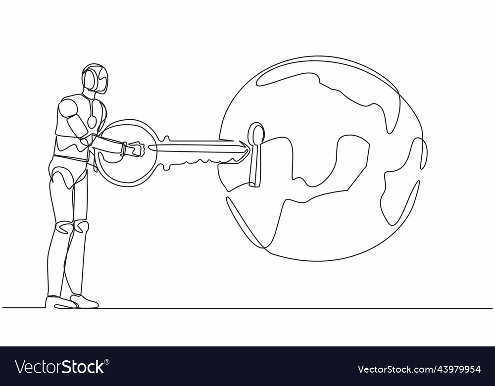Continuous one line drawing robot putting key vector image Continuous one line drawing robot putting key