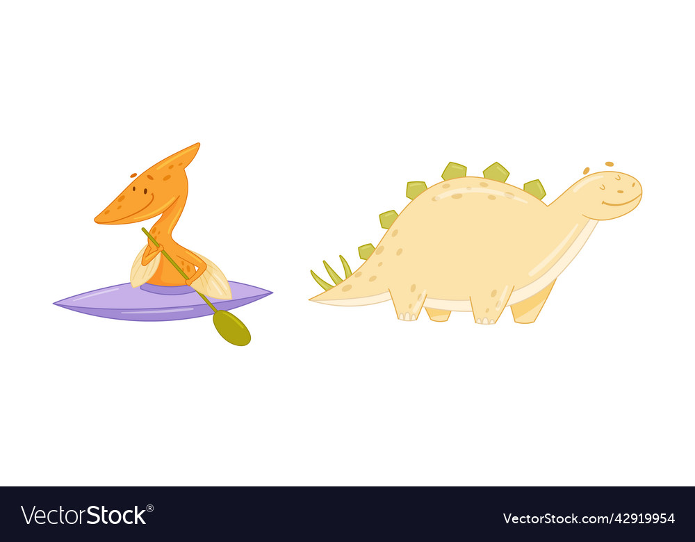 Cute baby dinosaurs set funny dino canoeing