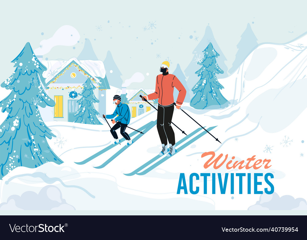 Family skiing enjoy winter sport activity poster