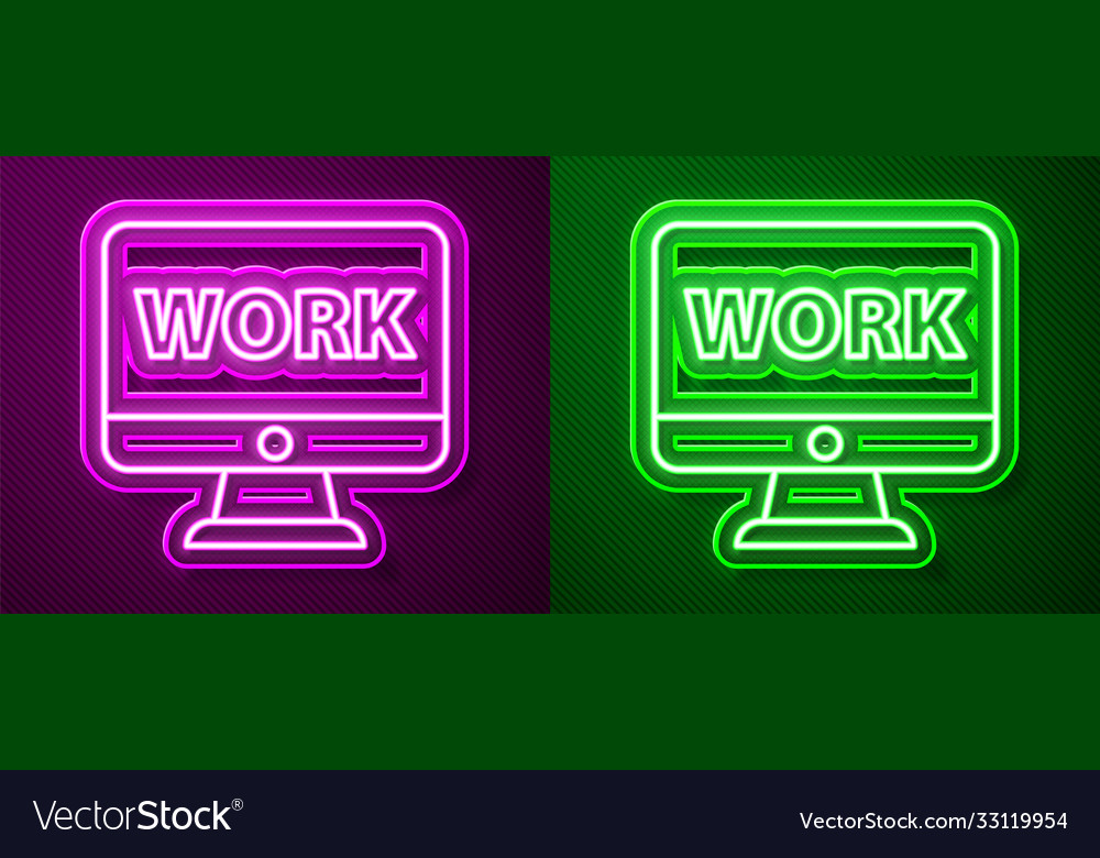 Glowing neon line computer monitor with text work vector image Glowing neon line computer monitor with text work