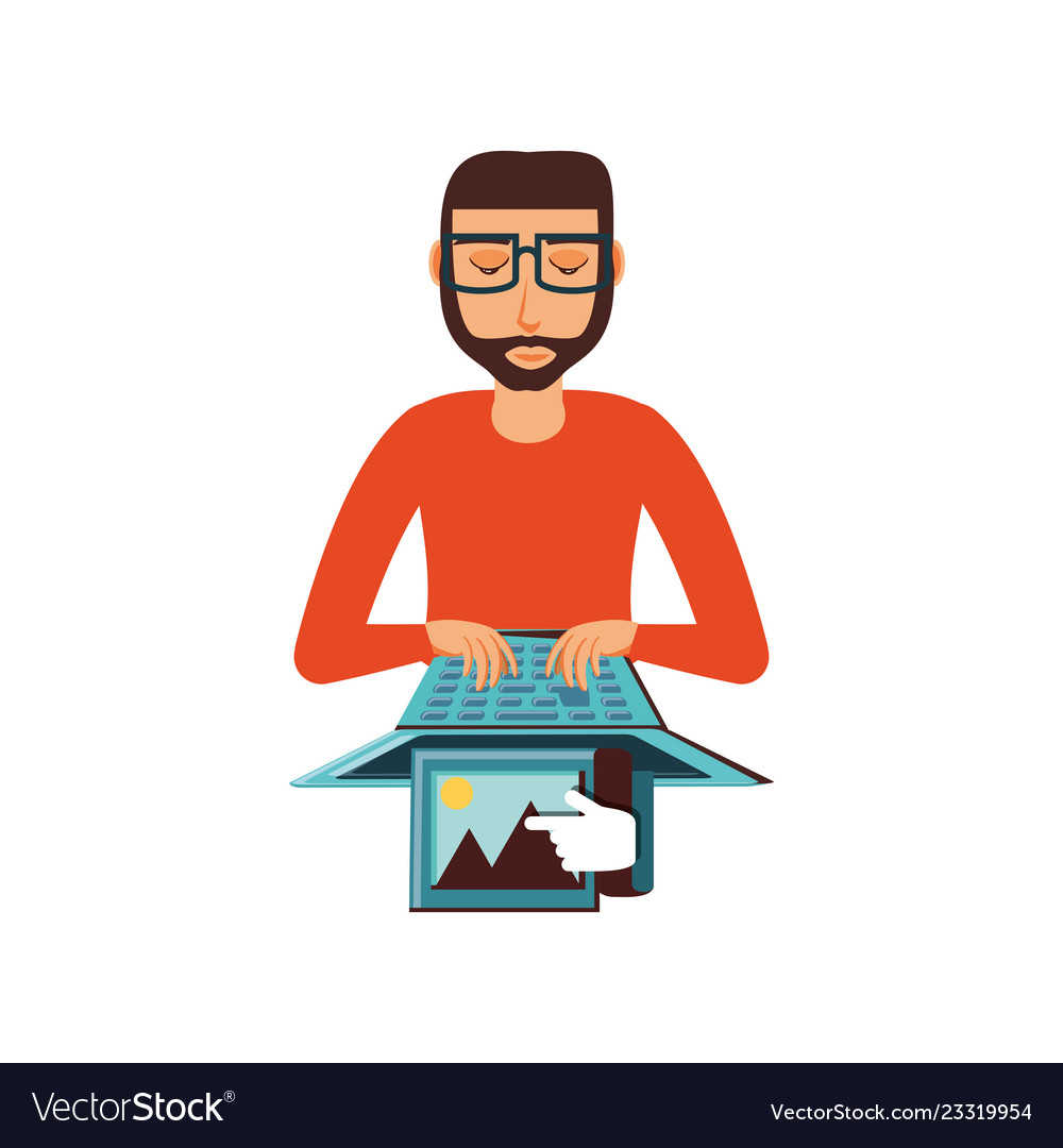 Man sending picture with laptop computer