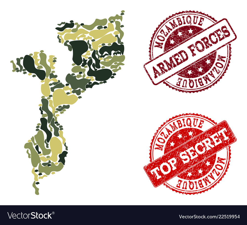 Military camouflage collage of map of mozambique Vector Image