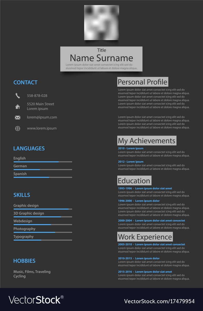 Professional atypical resume cv on dark background